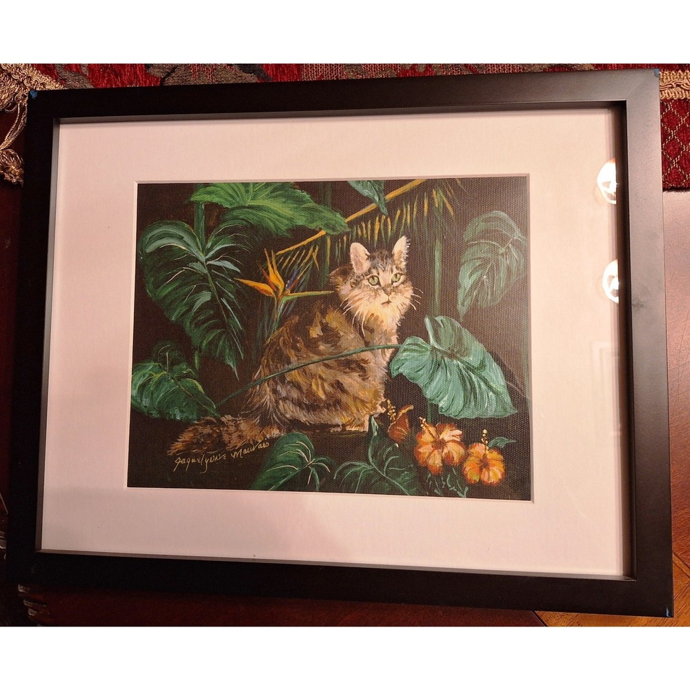 Jacqueline Mauvais Signed Cat Painting Tropical Jungle Foliage Framed Art 17x13